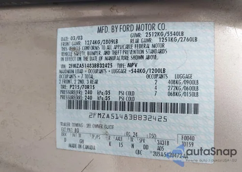 2003 Ford Windstar Lx из США, поврежденный, VIN 2FMZA51483BB32425